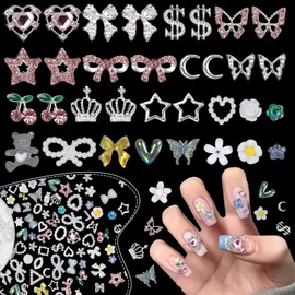 140Pcs White Nail Charms and Gems, Silver Star Moon Bow Crown Dollar Alloy Nail Rhinestones+3D Heart Bow Flower Candy Bear Butterfly Acrylic Pearls Charms for Nail Design DIY Craft
