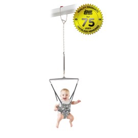 Jolly Jumper Iconic (Grey Safari), Doorway Baby Jumper, Indoor Exercise Saddle Seat, Adjustable Height, for Infants up to 28lbs, Black, No Stand Required
