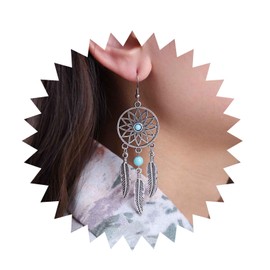 Yheakne Vintage Dream Catcher Earrings Silver Filigree Circle Earrings Hollow Circle Drop Earrings Boho Feather Dangle Earrings Jewelry for Women and Girls