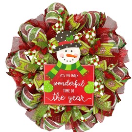 Its The Most Wonderful Time Of The Year Snowman Holiday Wreath Handmade Deco Mesh. Available in 24 inch and 28 inch diameters. High Quality.