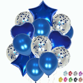 14 Dark Blue Birthday Balloons in Star and Heart Shape Aluminium 45 cm and Balloons with Confetti and Metallic Look 30 cm Balloons for Birthday, Children's Party, Wedding, Anniversary