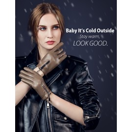 YISEVEN Women's Winter Driving Touchscreen Sheepskin Leather Gloves Zipper Short Cuffs Warm Fleece Fur Lined Genuine Lambskin Stylish Dress for Cold Weather Motorcycle Work Gifts, Taupe 6.5"/S