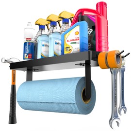 ZUNTO Garage Paper Towel Holder with Shelf, Black Stainless Steel Paper Towel Rack with Hooks, Wall Mount Paper Towel Holder for Kitchen, Garage Organization and Storage