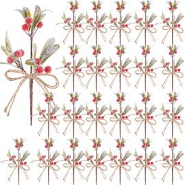Syhood 24 Pcs Artificial Christmas Berry Picks Red Berry Stems Spray Snowy Christmas Tree Picks Faux Red Berries Christmas Decor for Christmas Crafts Winter Party Festive Home Decor