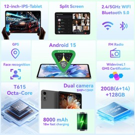 Android 15 Tablet 12 inch Tablet with 2000x1200 2K Display, 20GB RAM 128GB ROM 2TB Expand, T615 Octa-Core Processor, 8000mAh, Widevine L1, GPS, BT5.2, WiFi 5, MP Dual Camera (Black)