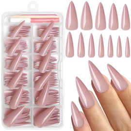 Bellelfin Stiletto Press on Nails, Deep Skin Stiletto Fake Nails Glossy Long Acrylic Nails Press ons Solid Color Full Cover False Nails for Women Girls,120Pcs