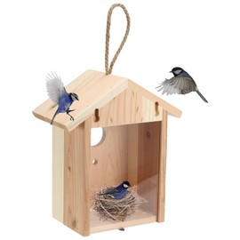 PATIKIL Window Bird House, Bird Houses for Outside Clear Hanging Bird House Hummingbird House with Strong Suction Cups and Lanyard for Backyard Garden Courtyard Patio Decor, Wooden Color