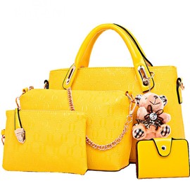 FiveloveTwo Women 4Pcs Top Handle Satchel Hobo PU Leather Handbag Set Large Tote + Purse + Shoulder Bag + Card Holder Yellow