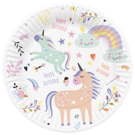 Folat 61927 Paper Party Tableware Paper Plates Round Diameter Unicorns & Rainbows 23 cm Pack of 8 Disposable Tableware Plates for Birthday Party, Baby Shower, Wedding, Bridal Shower, Multicoloured