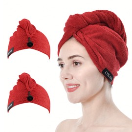 COGANA Toalla de pelo de microfibra, envoltura de toalla de pelo para mujer, toalla de secado de cabello con botón, toalla de envoltura de cabello para cabello rizado, turbante de cabello para cabello mojado (rojo, 10 x 28 largo)