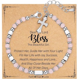 Afoxon Tiny Bead Cross Bracelet - Stocking Stuffers for Kids/Teens/Girls/Women, Confirmation 1st Communion Baptism Easter Valentines Birthday Christmas Gifts (Bless-4)
