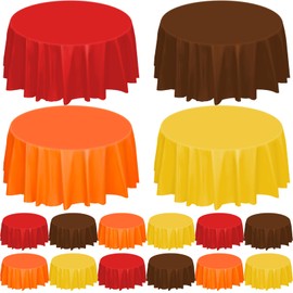 VAIPI 16 Pcs Fall Plastic Round Tablecloth Autumn Disposable Table Cloth Thanksgiving Plastic Circular Tablecloths Brown Orange Yellow Red Table Cover for Thanksgiving Harvest Holiday Party, 84 Inch