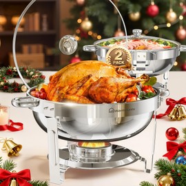 WARMOUNTS Round Chafing Dishes for Buffet with Glass Lid (5QT, 2 Pack), Chafers and Buffet Warmers Set with Mirror-Polished Stainless Steel, Rolled Rim, Stackable, Lid Holder for Parties, Catering