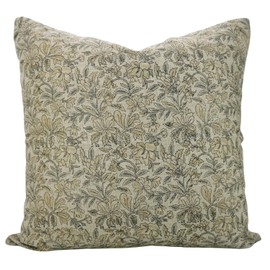 Fabritual Elegant Handmade Nature-Inspired Block Floral Print Thick Linen 22x22 Inch Throw Pillowcase Cushion Cover Decorative for Sofa, Couch, Bed, Living Room (Kudrat-Brown-Gray)