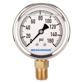 MEASUREMAN RV Water Pressure Regulator Replacement Gauge, 0-160psi, Lead-Free, Glycerin Filled, 2" Dial, 1/4" NPT Lower Mount, Stainless Steel Case