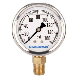 MEASUREMAN RV Water Pressure Regulator Replacement Gauge, 0-160psi, Lead-Free, Glycerin Filled, 2" Dial, 1/4" NPT Lower Mount, Stainless Steel Case