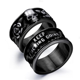 Vintage Gothic Skull Rings for Men Women, Stainless Steel Black Onyx Poker Ring Band Silver Skeleton Cocktail Party Biker Ring, Metal, No Gemstone