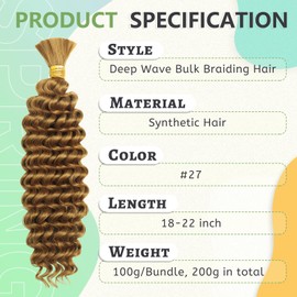 Deep Wave Bulk Braiding Hair for Boho Braids 20 Inch 2 Bundles 200g Honey Blonde Curly Boho Hair for Braiding No Weft Wet and Wavy Hair Extensions (#27)