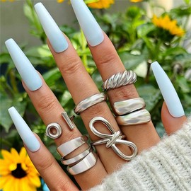 3-6PCS Chunky Gold Dome Rings for Women 14K Gold Plated Braided Twisted Round Signet Rings Adjustable Open Ring Band Statement Jewelry Size 7-9 (6PCS-silverB)