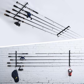 Goture Fishing Rod Holders for Wall or Celling with 4pcs S-shape Hooks, Store 5 Fishing Rods or Combos, Horizontal Fishing Pole Holder, Black Fishing Pole Storage, Fishing Pole Holders for Garage