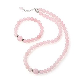 Treasure Bay 8-12mm Natural Gemstone Beaded Necklace and Bracelet Jewellery Set For Women (Rose Quartz)