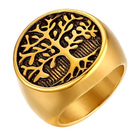 JewelryWe Men's Stainless Steel Ring Hollow Tree of Life Signet Ring Bands,Gold Z+1