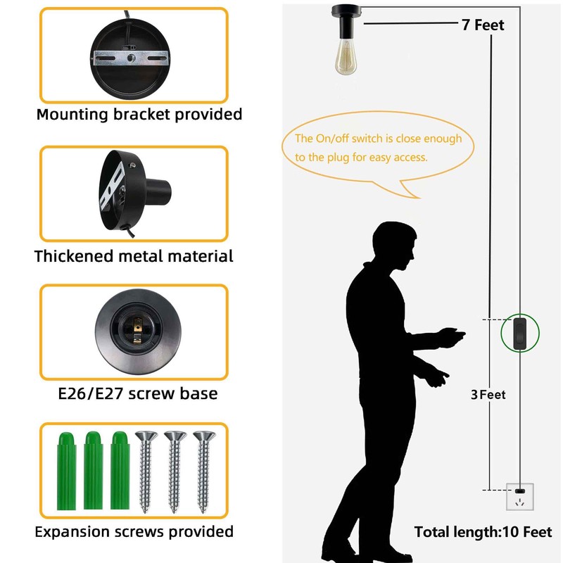 atiyoc Black Metal E26/E27 Screw Light Socket with 10FT Extension