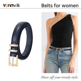 VONMELLI Leather Thin Belt for Women, Navy Blue Women's Skinny Belt Ladies Belt for Jeans Dress with Gold Buckle M