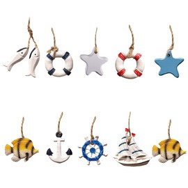 Sctmda Maritime Decoration Set 10 Pieces Maritime Decoration for Hanging Maritime Pendant Confetti Maritime Anchor Decoration Life Ring Decoration Fish Ornament with Rope for Home