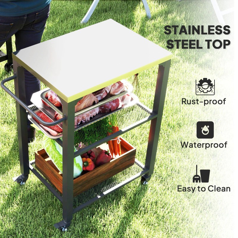 3-Shelf Outdoor Grill Cart with Stainless Steel Tabletop Movable Pizza