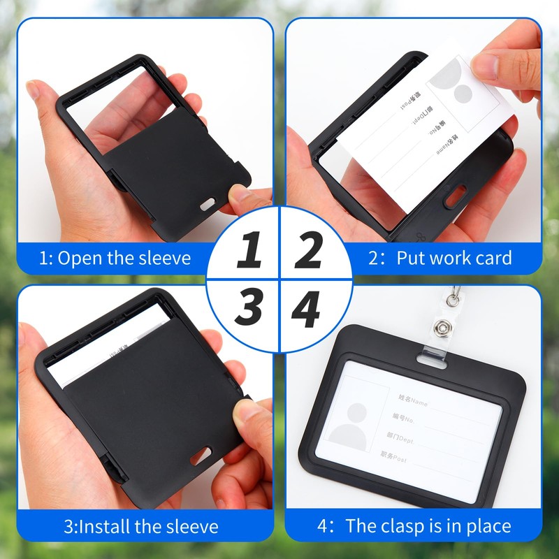 3 Pack Sliding ID Badge Holder, Black Horizontal Hard Plastic