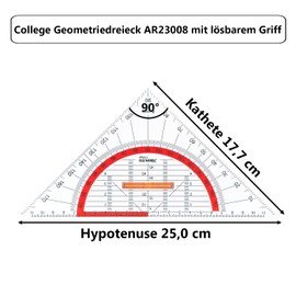 Aristo AR23008 College Geometry Triangle with Removable Handle (Hypotenuse 25 cm, Ink Nubs and Facets, Polystyrene) Transparent