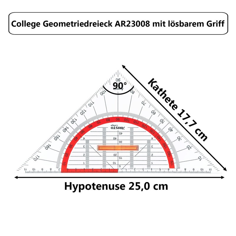 Aristo AR23008 College Geometry Triangle with Removable Handle (Hypotenuse 25