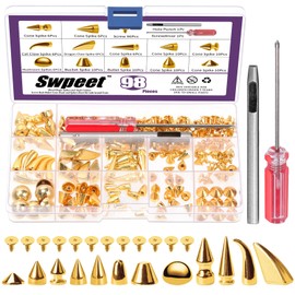 Swpeet 96 Sets 12 Styles Gold Mixed Shape Spikes and Studs Metal Screw Back Bullet Cone Studs and Spikes Rivet Leather Rivets Kit with Install Tools for DIY Craft Leather Craft Repairs Decoration