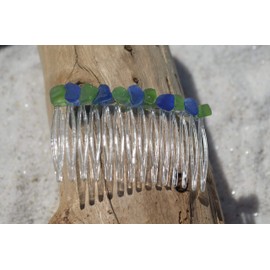 Genuine Cobalt Blue and Kelly Green Sea Glass Hair Comb