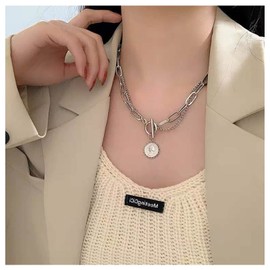 Iaceble Bohemia Layered Necklace Choker Coin Disc Pendant Necklace Chain Silver Portrait Coin Necklace Punk Chunky Chain Necklace Paperclip Toggle Clasp Jewelry for Women and Girls (silver)