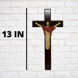 Needzo Catholic Wall Decor, Hanging Risen Christ Dark Wooden Cross, Jesus Figurine 13 Inches