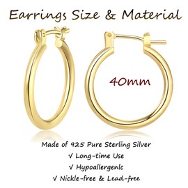 Gold Hoop Earrings for Women 14K Gold Plated Hoops 925 Sterling Silver Hoops 40mm Gold Huggie Hoop Earrings Hypallergenic Sleeper Hoops Gold Hoop for Girls