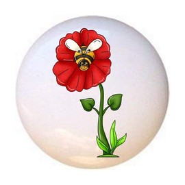 Red Flower from the Bee-Boppin' Country Bumble Bees Collection - DECORATIVE Glossy CERAMIC Cupboard Cabinet PULLS Dresser Drawer KNOBS