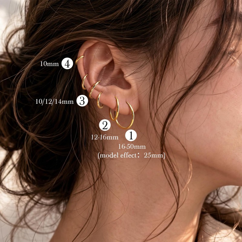 Selroper thin gold hoop earrings 1.5mm 12 sizes (50mm)