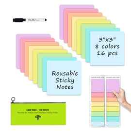 Dry Erase Sticky Notes - 16 Pcs, 8 Vibrant Colors, 3"x3" Whiteboard Stickers for Labels, Lists, Notes, Reminders - Restickable and Washable