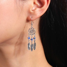 Allereya Vintage Tribal Flower Dangle Earrings Feather Drop Earrings Ethnic Tribal Earrings Blue Evil Eye Stud Earrings Jewellery for Women and Girls (Style 1), Zinc, No Gemstone