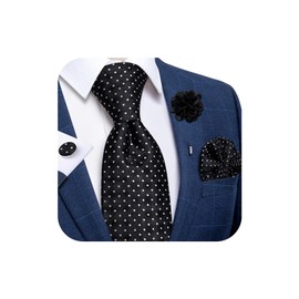DiBanGu Formal Black and White Ties for Men and Lapel Pin Brooch Set Polka Dot Necktie Pocket Square Cufflinks Wedding