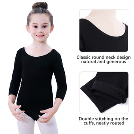 Soudittur Girls Leotard Black Ballet Dance Team Basic 3/4 Long Sleeve Mesh Back Cotton Bodysuit Dancewear for Teens (Black, Tag 140(Age 10-12 Height 53-57”))