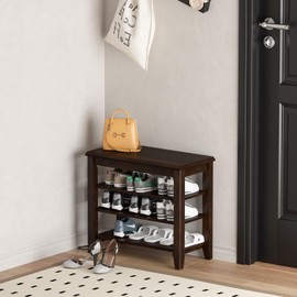 Taitiy Shoe Bench Storage Rubberwood, Entryway Bench with 3-Tiers Height Adjustable, Shoe Rack Front Door Entrance Organizer for Hallway Living Room, Mudrooms, Walnut,23.6"