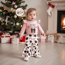 LZUBCPY My First Football Season Baby Girl Outfit Embroidery Bodysuit Rugby Flare Pants Bow Game Day Bell Bottoms Coming Home (Pink, 6-12 Months)