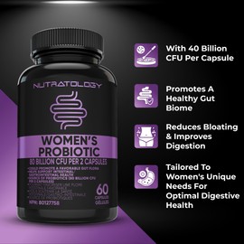 Nutratology Probiotics for Women - 40 Billion CFUs Per Capsule - 80 Billion CFUs Per Serving - Formulated With 4 Strains Of Probiotics To Support Gut Health, Bloating Relief & Digestion - 60 Capsules