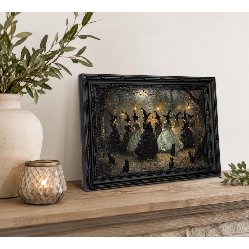 DULASI Framed Witch Wall Art, Moonlit Forest Witch Gathering Painting
