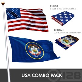 UD_G128 Combo Pack: USA American Flag 3x5 Ft Embroidered Stars & Utah State Flag 3x5 Ft Embroidered Double Sided 2ply