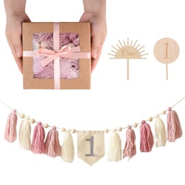 URROMA 1Pcs 1st Birthday Banner High Chair Banner Handmade Ribbon Banner Boho High Chair Fabric Garland Pink Wall Hangings for first Birthday Party